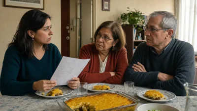 Daniela habla con Elena y Raúl en una mesa mientras sostiene una hoja de cálculos