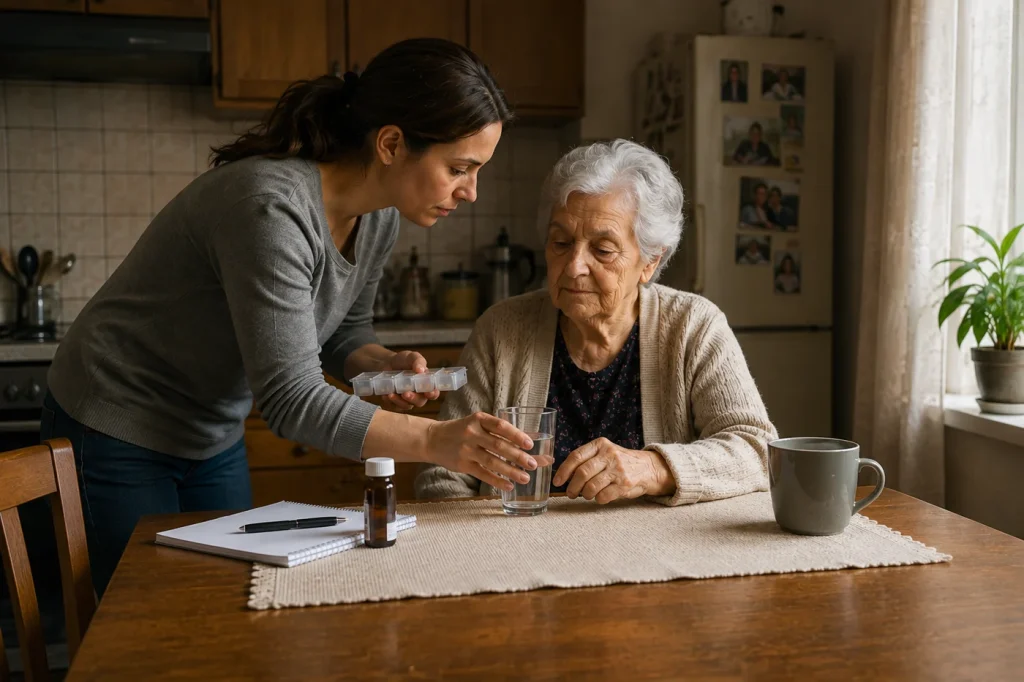 Hija ayudando con cariño a su madre anciana en la cocina