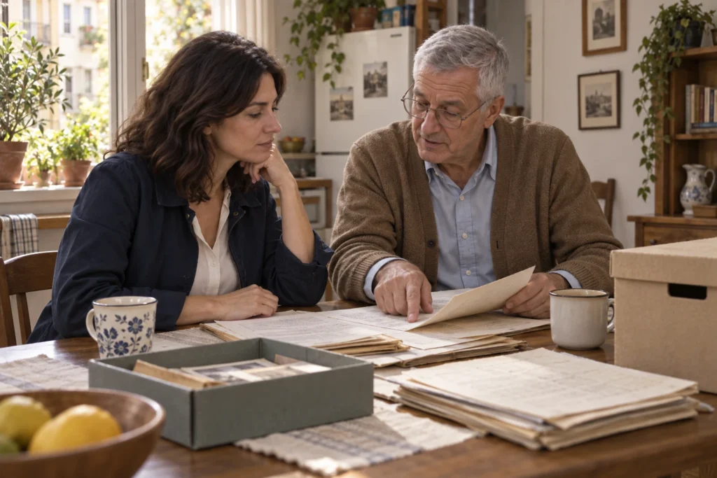 Elena y su padre Manuel leen papeles antiguos de la comunidad en una mesa