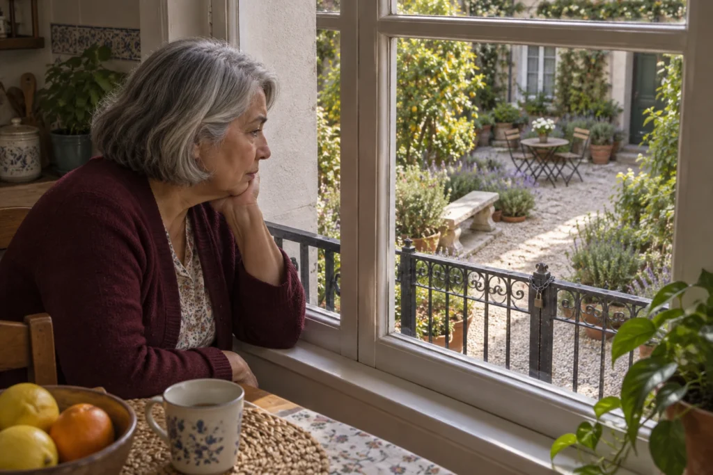 Amalia observa desde su ventana el banco y el jardín del patio común