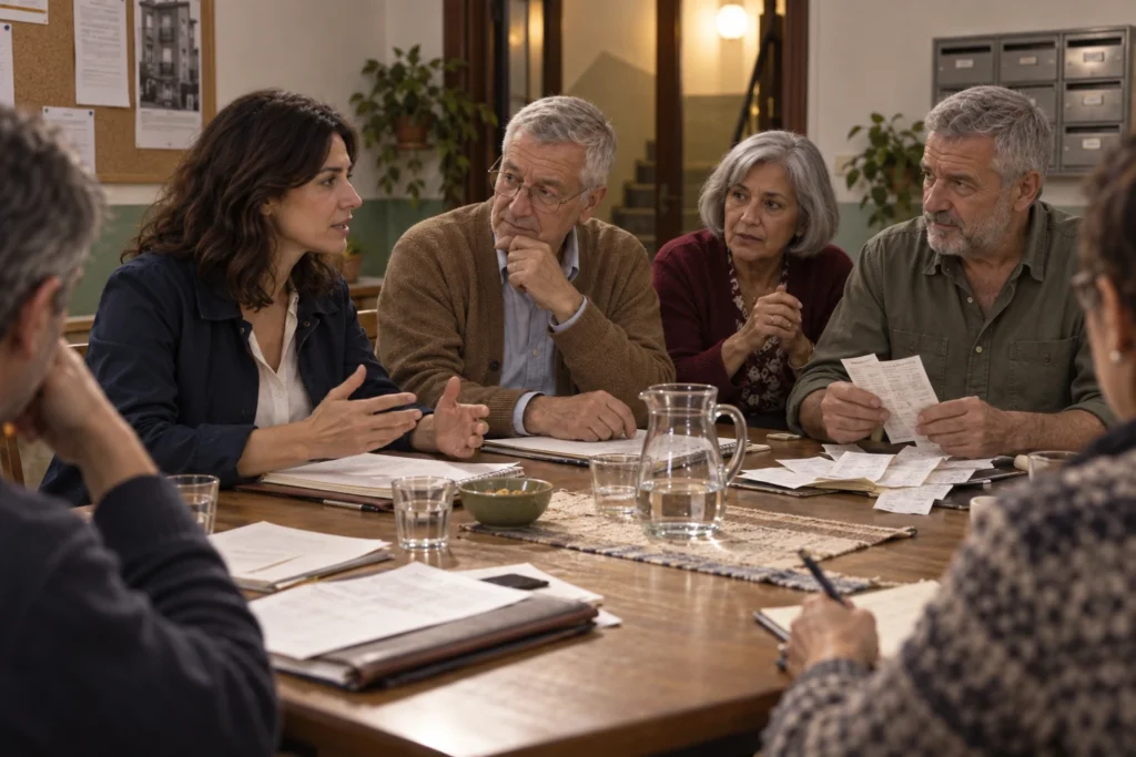 Elena, Manuel, Amalia y Héctor conversan con otros vecinos alrededor de una mesa