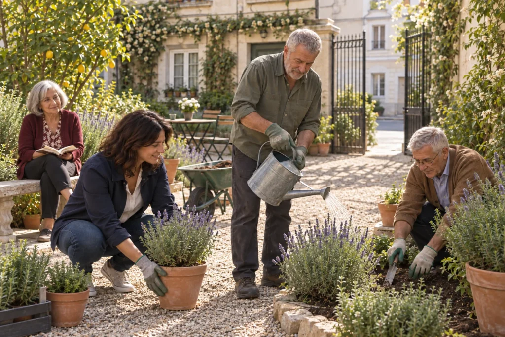 Elena y otros vecinos cuidan las plantas del patio mientras Héctor riega y Amalia lee en el banco
